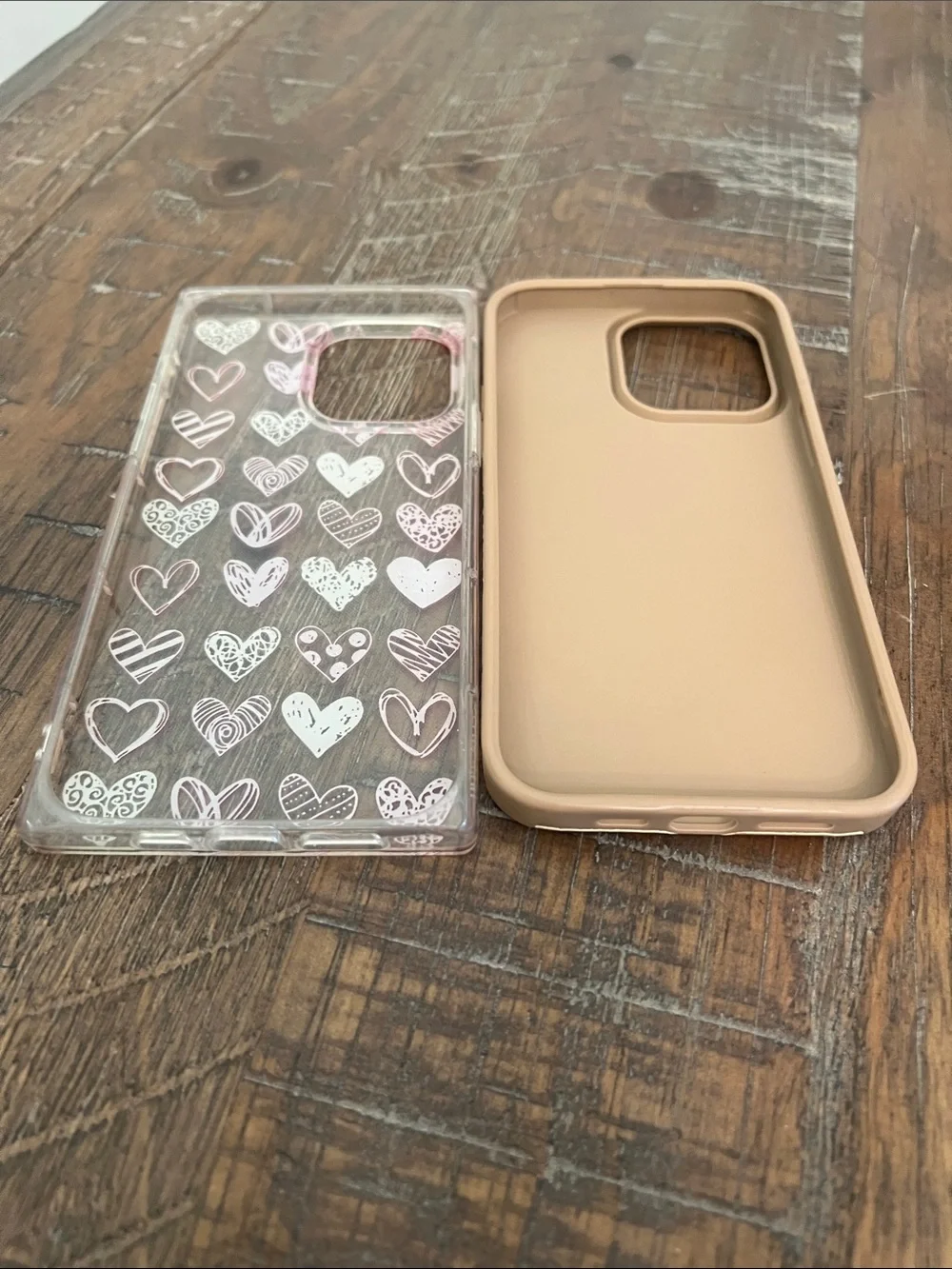 IPhone14 Pro max  Case Duo - Pink Heart Clear & Tan Heart Protective Covers